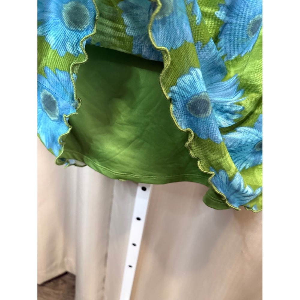 Forever 21 Womens Blue Daisy Floral Mesh Midi Skirt Lime Green Lettuce Hem L - Picture 4 of 5
